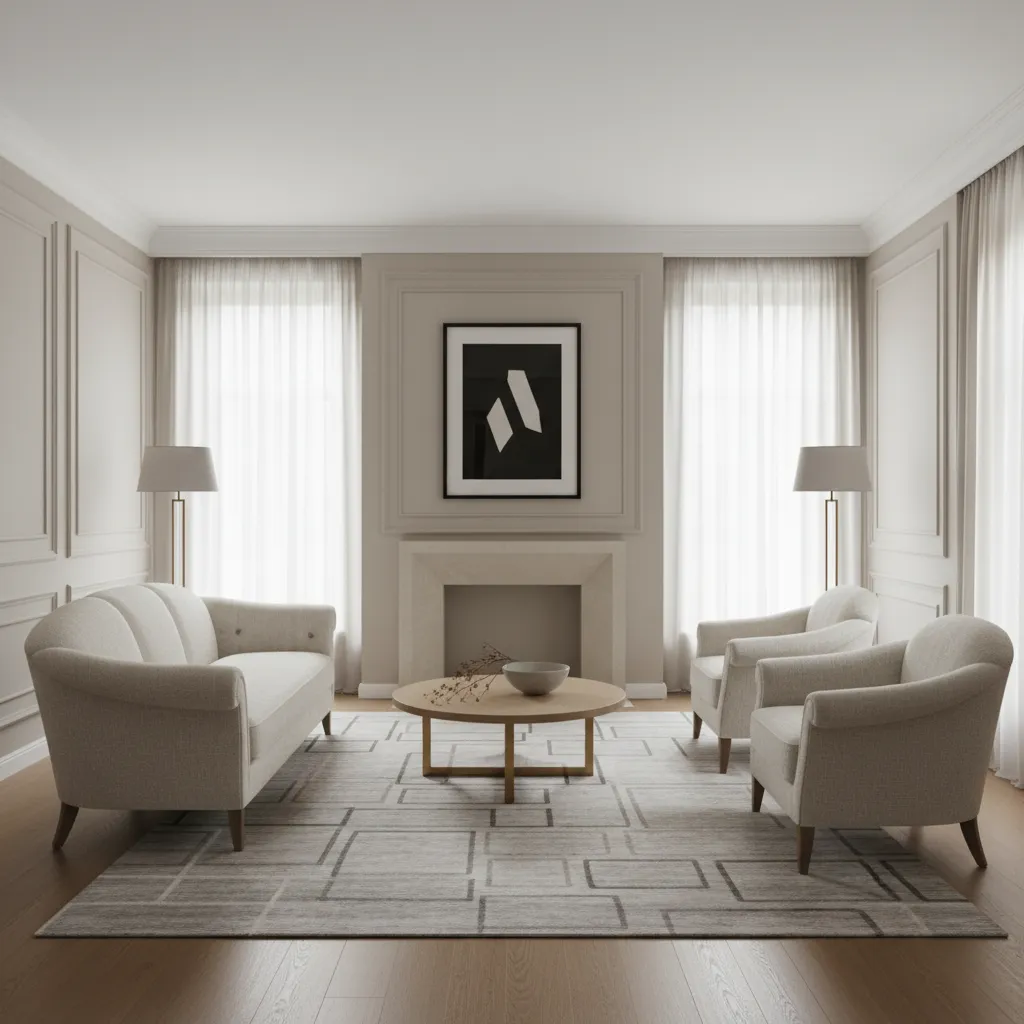 Modern classic living room with neutral colors and subtle wall molding