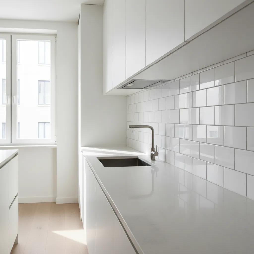 modern kitchen backsplash with perfectly clean white tiles