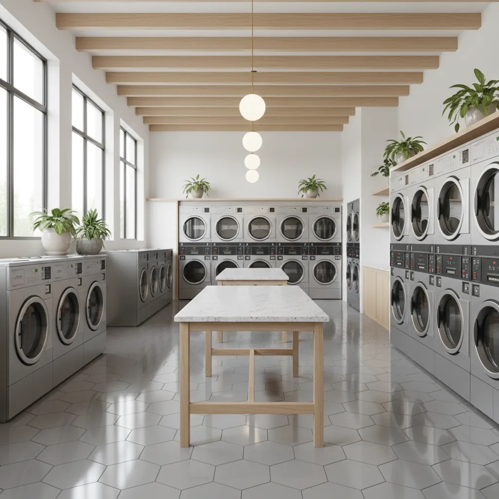 bright modern laundromat interior with folding tables and dryers