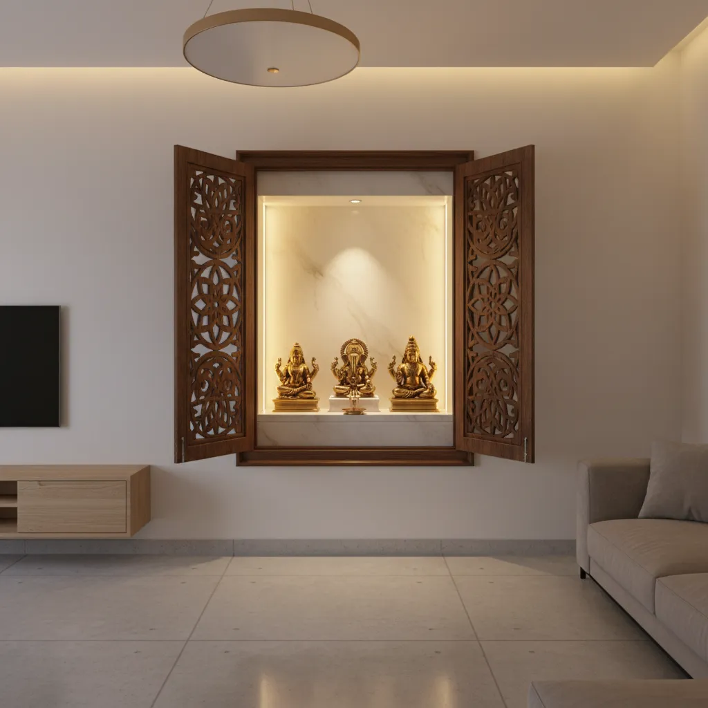 Modern home temple cabinet with CNC carved doors and warm interior lighting