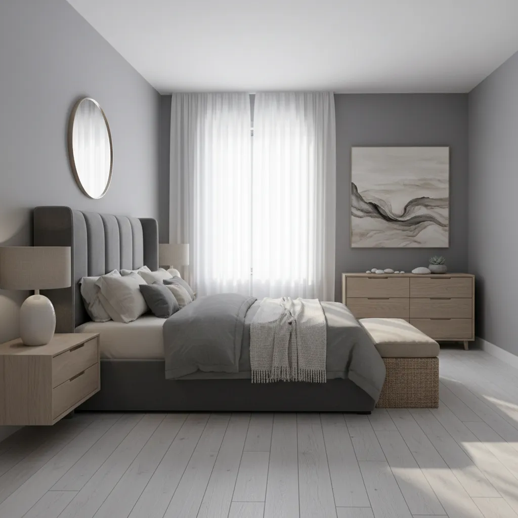 Modern grey coastal bedroom with rattan bench minimal decor and light wood furniture