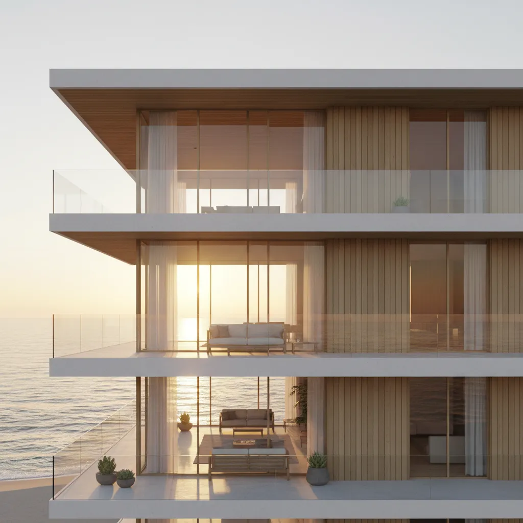Modern coastal house with glass railings and stacked balcony style porches