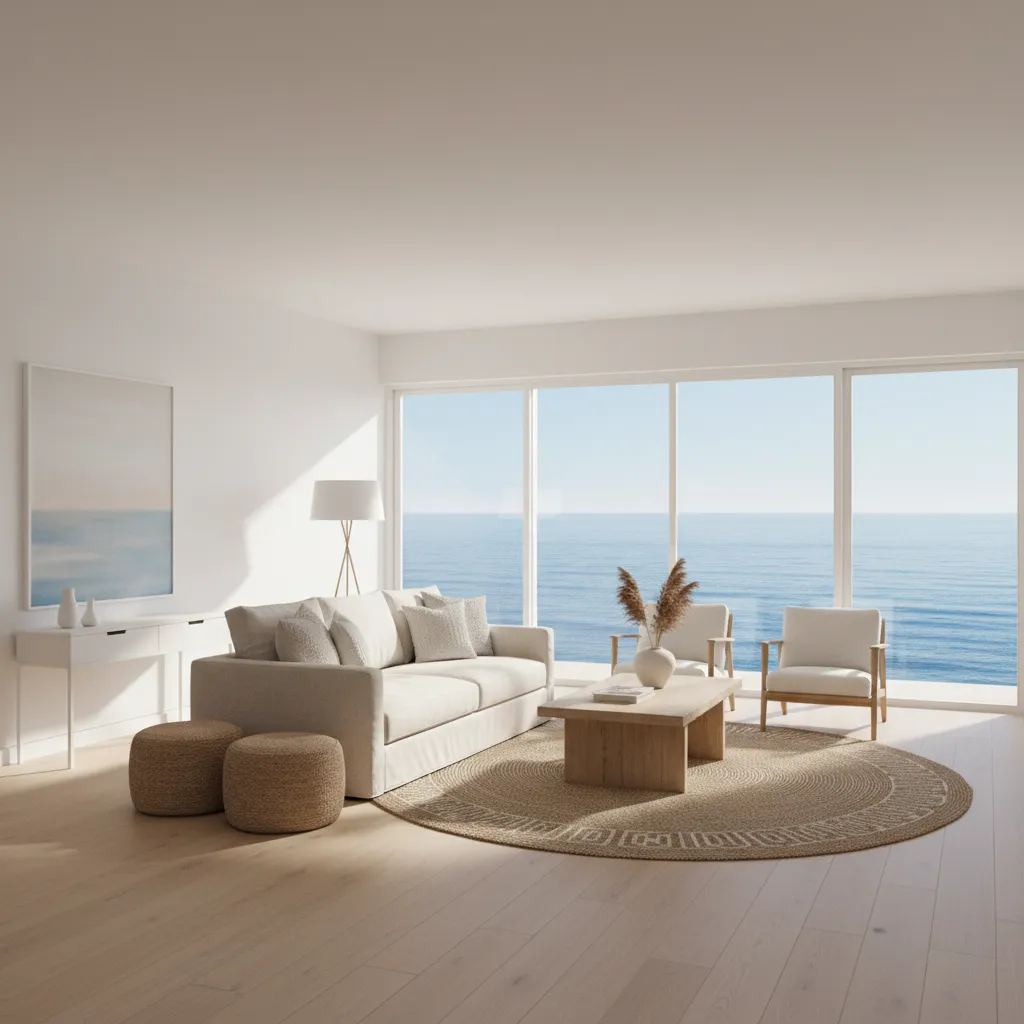 Modern coastal living room with neutral tones light oak floors and large windows