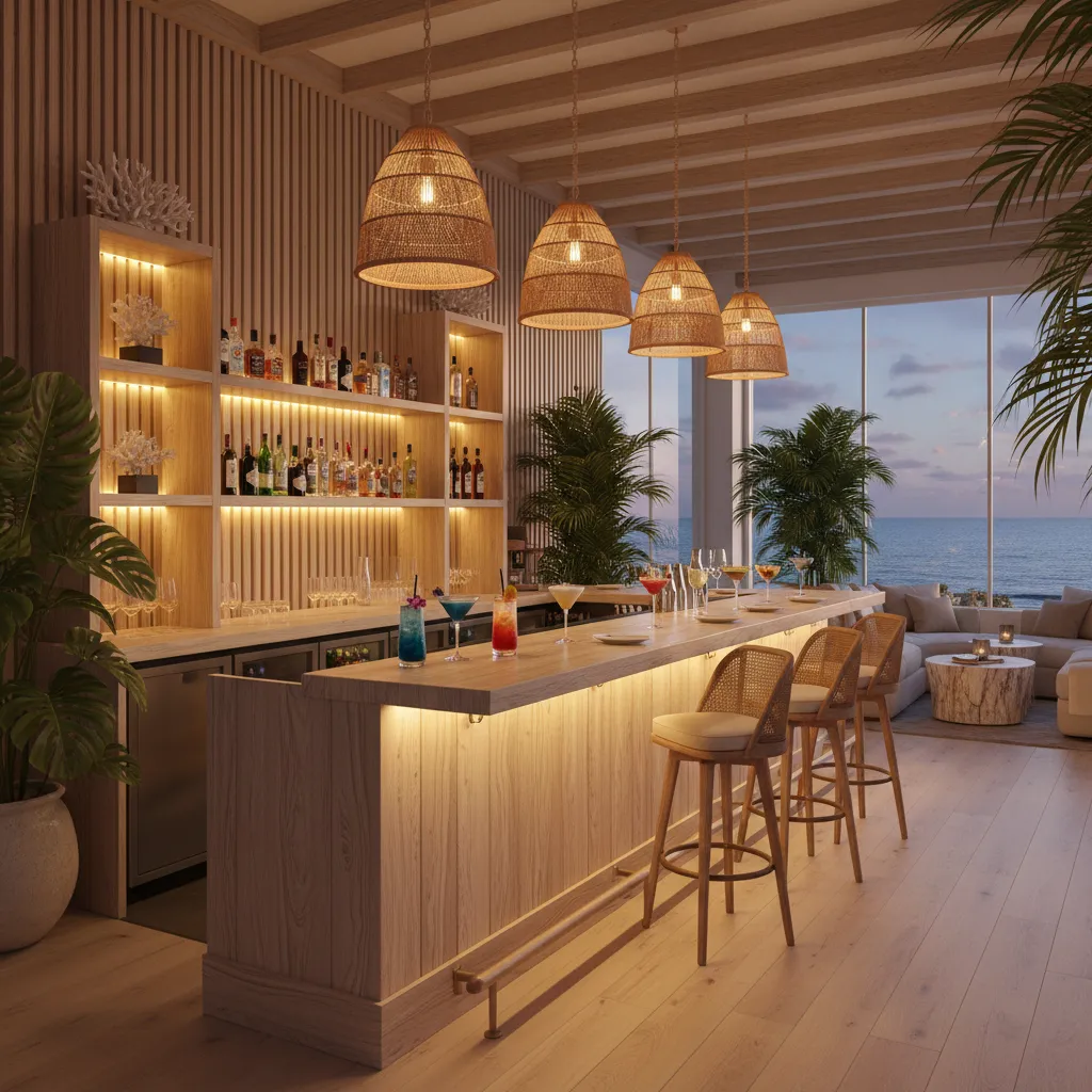 Stylish modern coastal restaurant bar interior with cocktails on counter