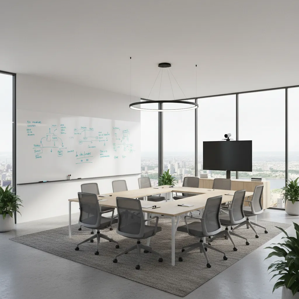 Open collaborative meeting room with modular tables and whiteboard wall