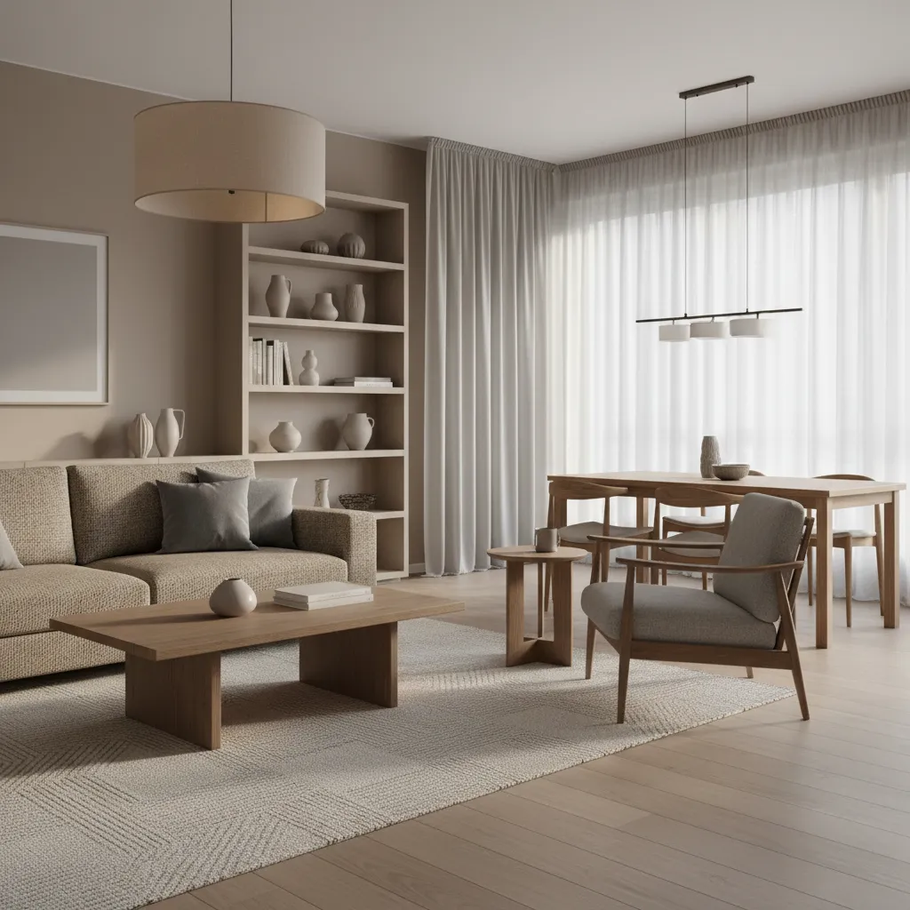 Interior moderno con paleta de colores neutros y materiales naturales