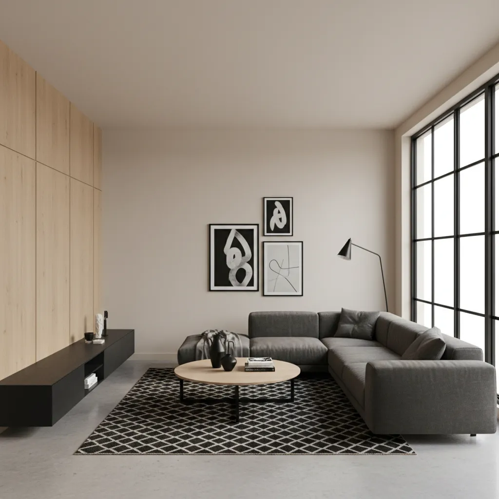 Interior moderno con paleta neutra y acentos en madera y negro