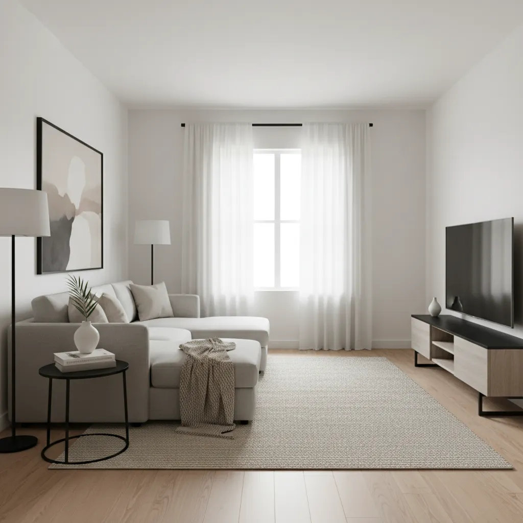 Interior moderno con paleta de colores neutros y contraste negro