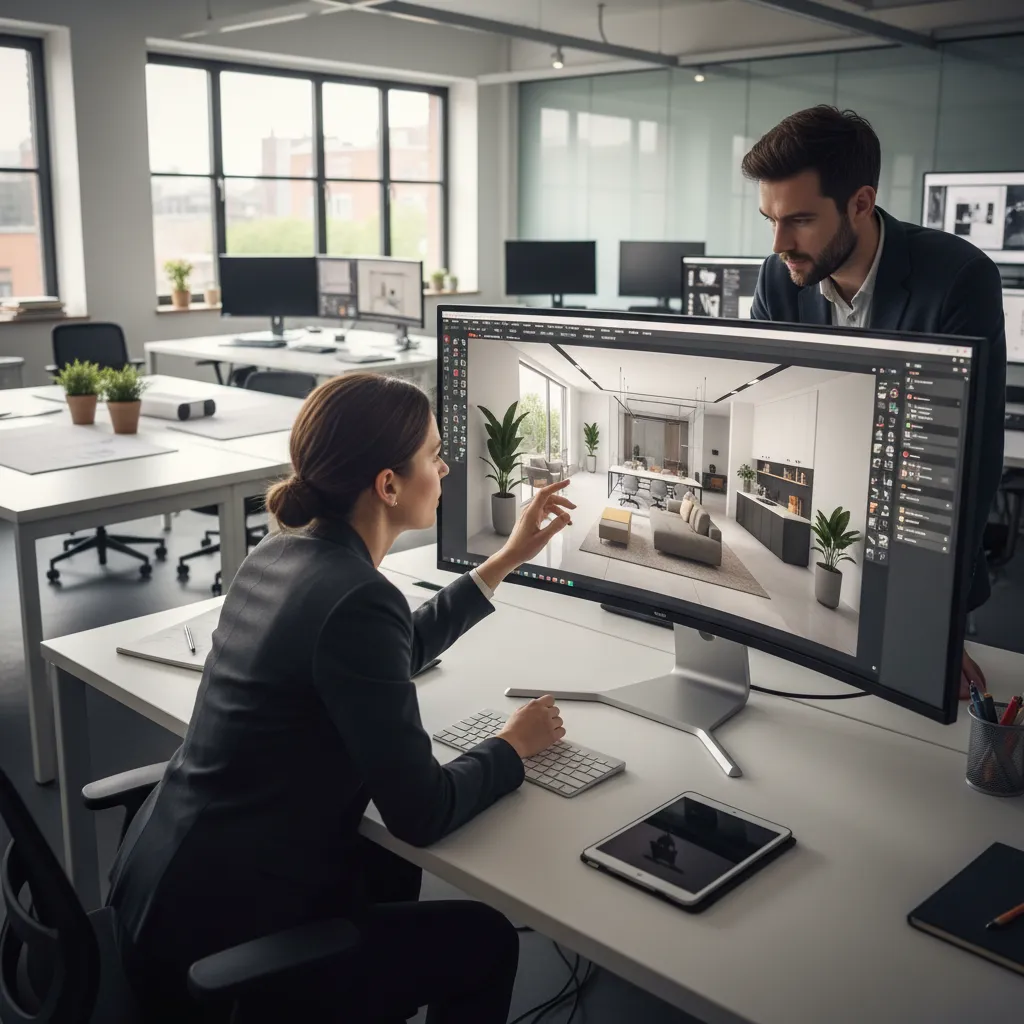 3D digital model of a commercial office interior design layout on computer screen