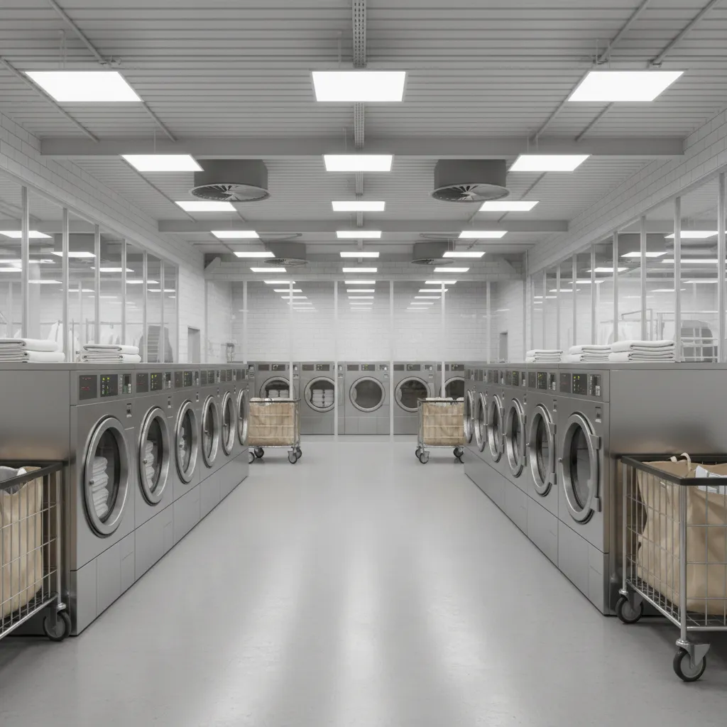 Modern commercial laundry layout with washers dryers and organized workflow zones
