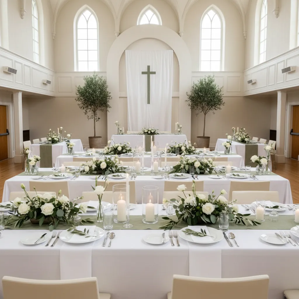 Modern minimalist First Communion decorations with neutral colors and floral accents