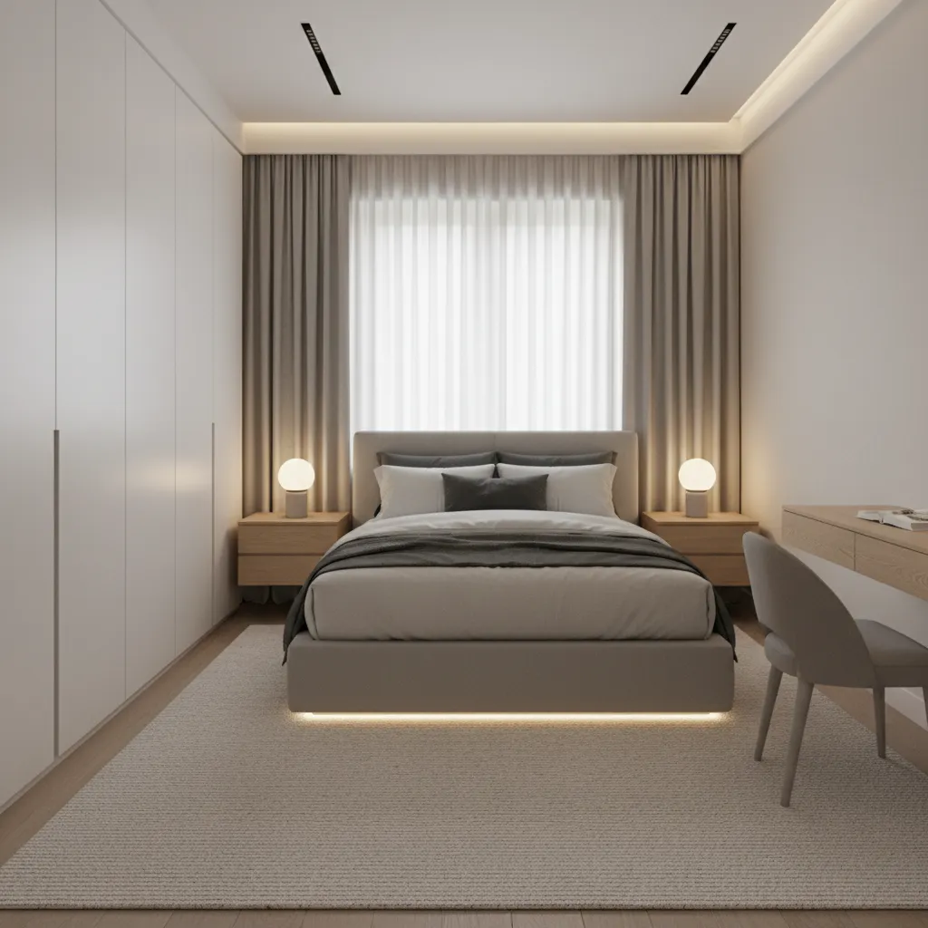 Dormitorio moderno compacto con almacenamiento integrado