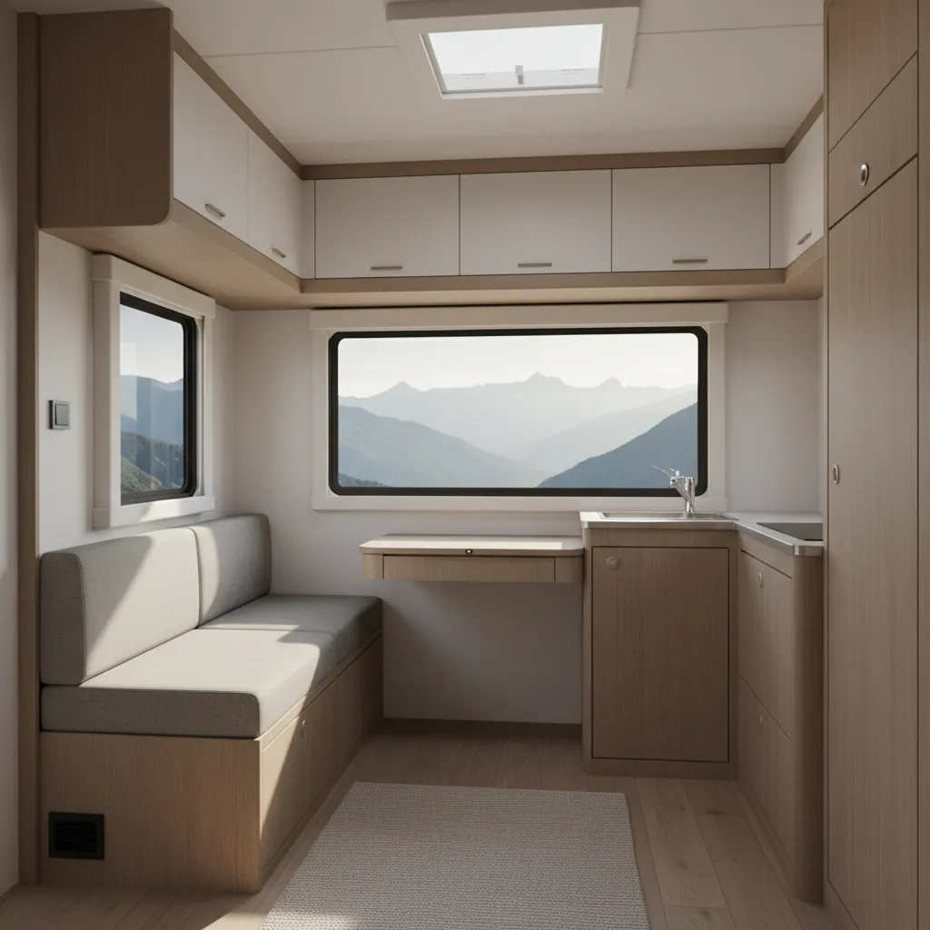 Modern compact travel trailer interior with workspace and large windows