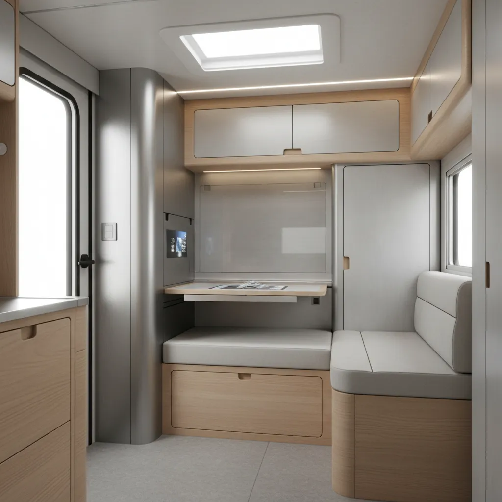 modern compact travel trailer interior with modular furniture and smart storage