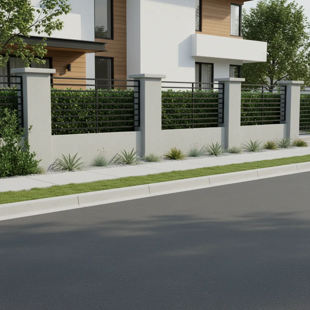 Residential street view showing compound wall with modern metal grill sections