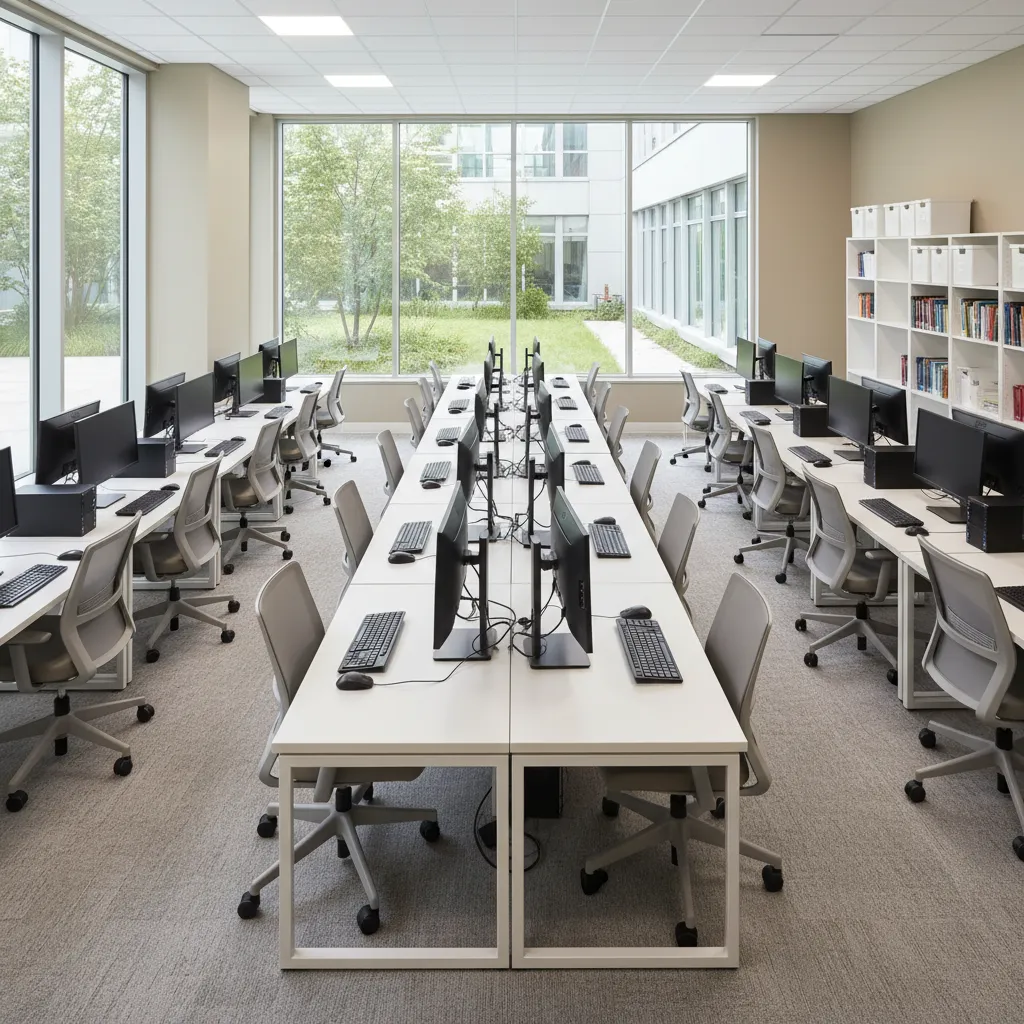modern school computer lab interior with organized rows of desktop computers