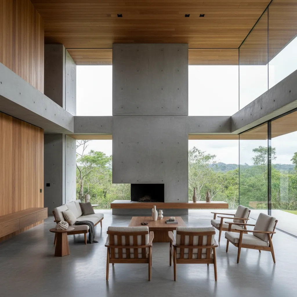 Interior moderno de casa de hormigón con diseño abierto