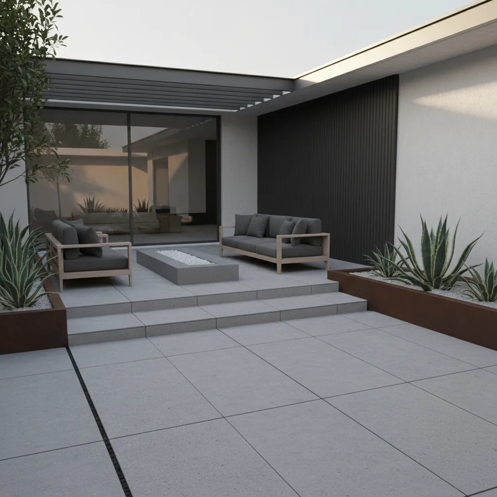 Contemporary courtyard patio with large concrete pavers and outdoor seating