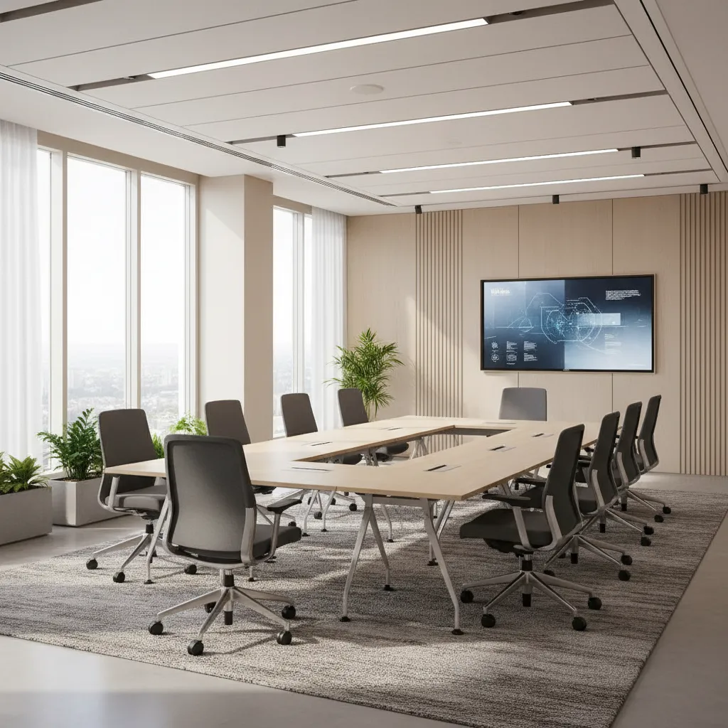 Modern collaborative conference room layout with modular tables and presentation screen