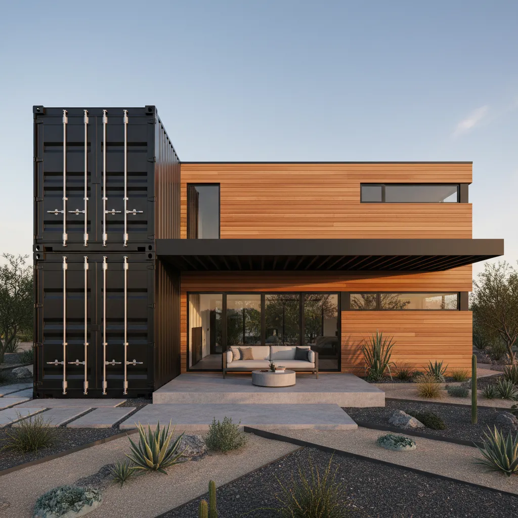 Modern shipping container home exterior showing passive design elements