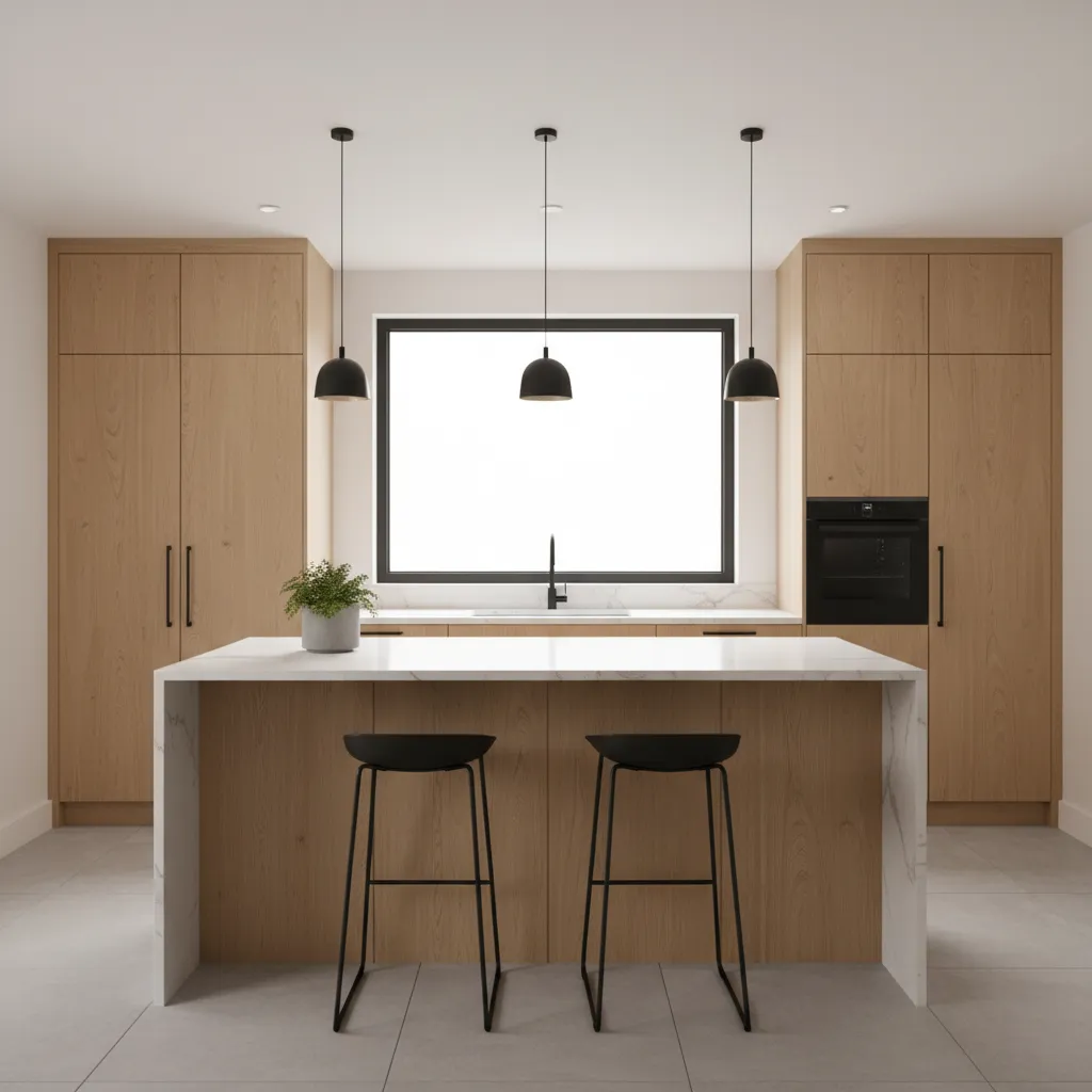 Cocina contemporánea con isla central y materiales naturales