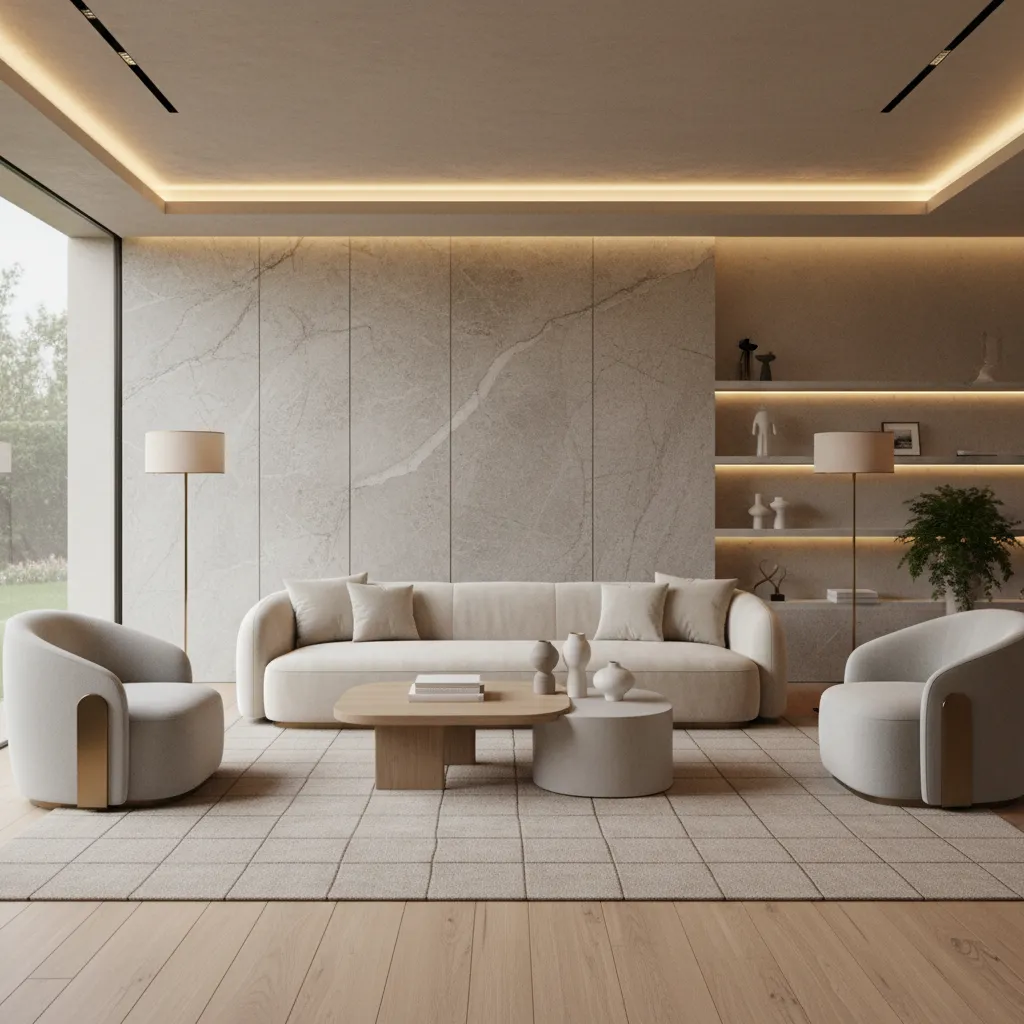 Sala moderna contemporánea con líneas suaves y colores neutros