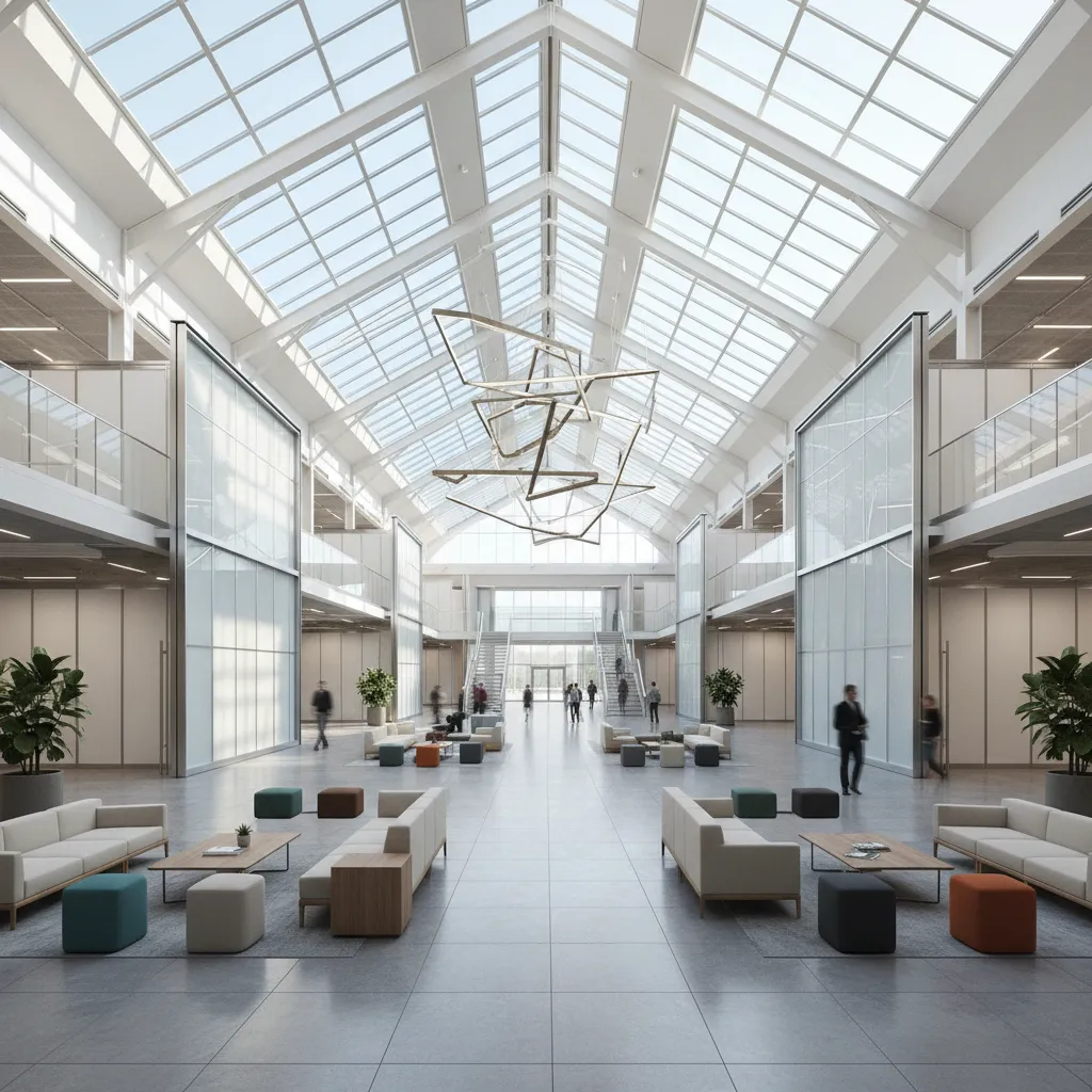 Modern convention center interior with modular event halls and glass architecture