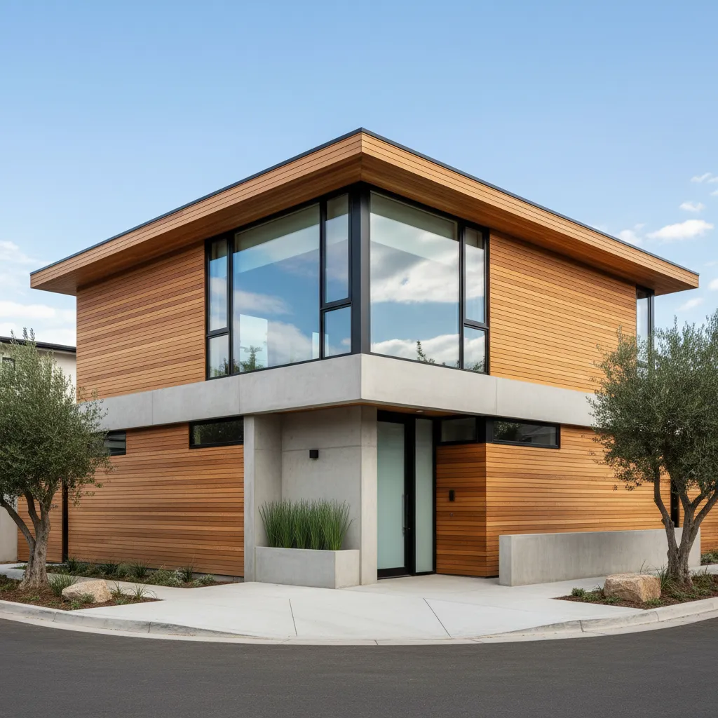 Fachada moderna de casa en esquina con diseño minimalista