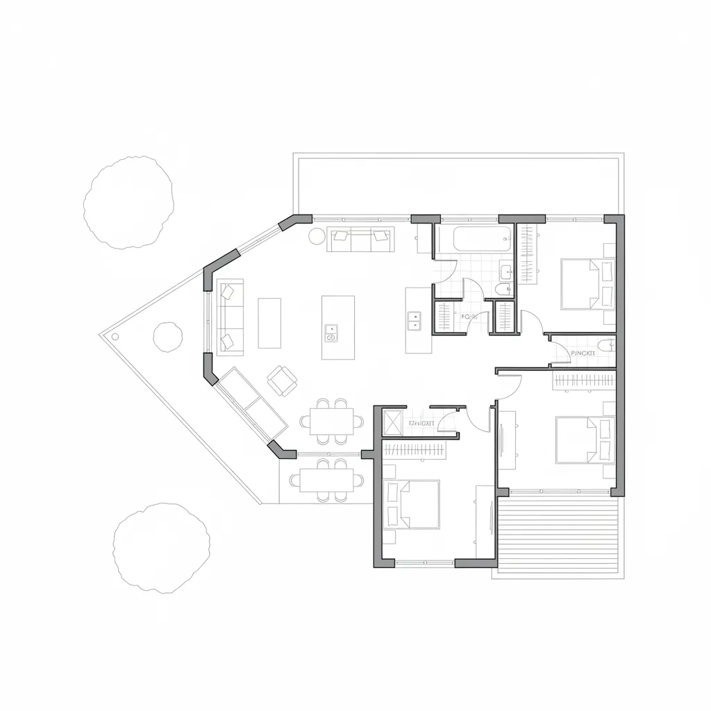 Plano arquitectónico de una casa moderna diseñada para un terreno en esquina