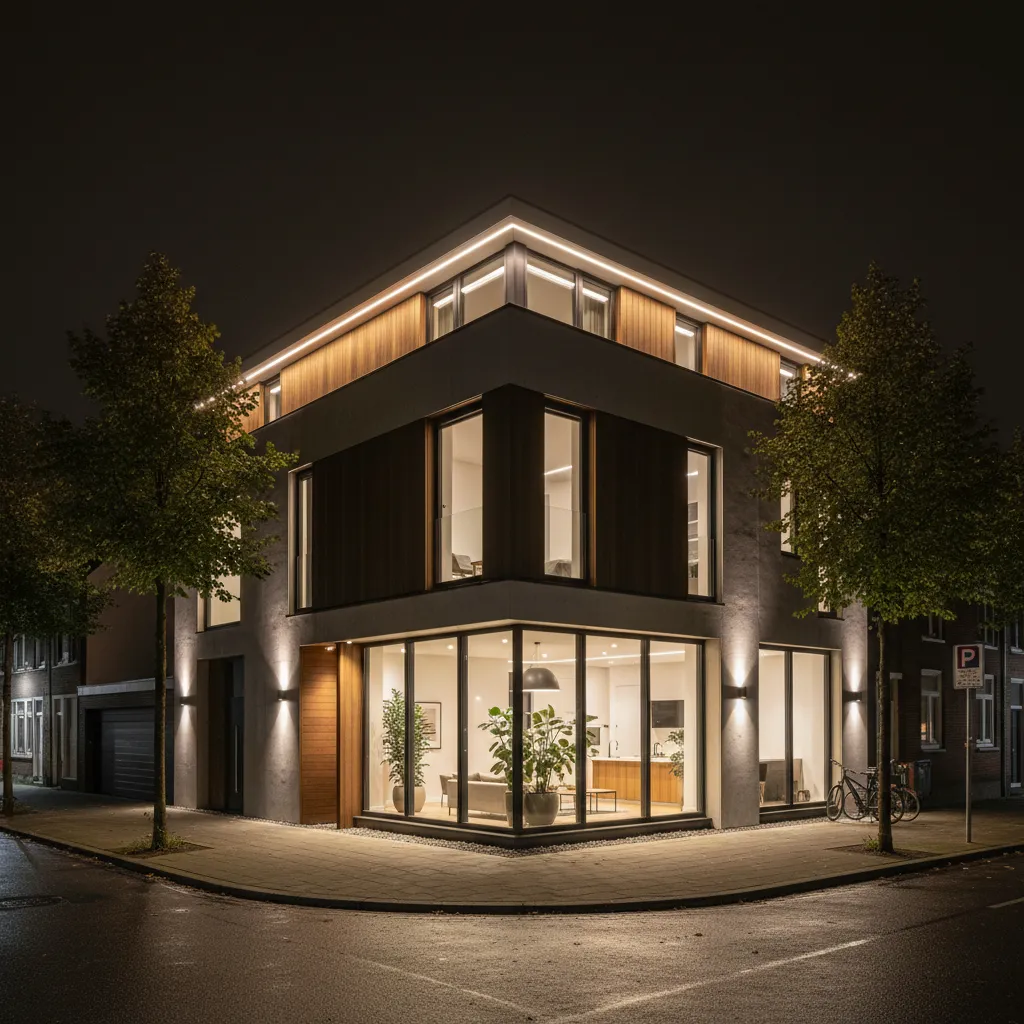 Vista nocturna de una casa moderna en esquina con iluminación arquitectónica