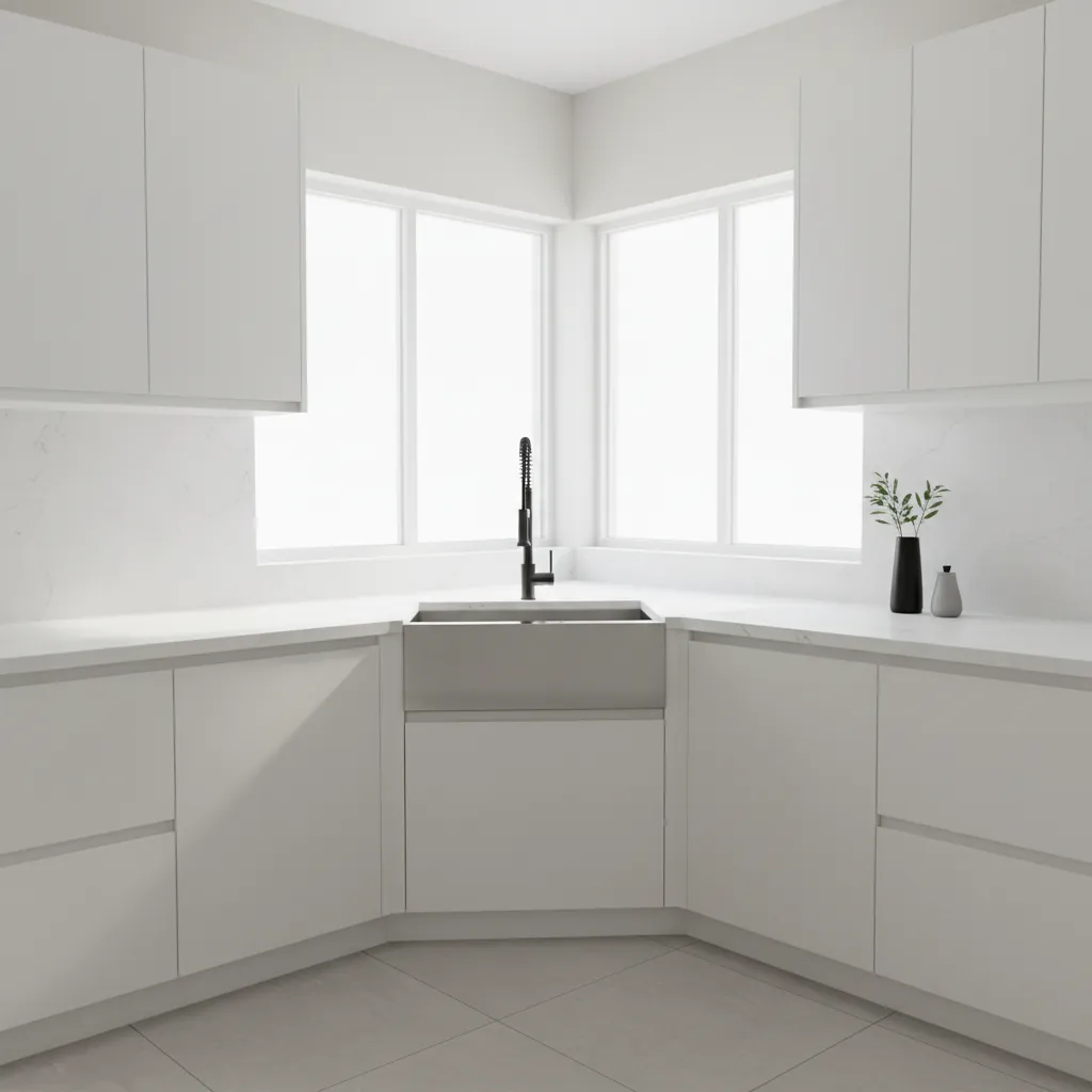 Modern L shaped kitchen with a corner sink beneath two windows
