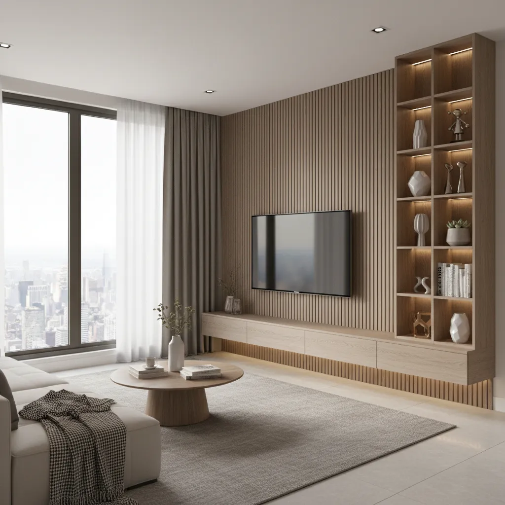 modern living room corner TV unit with showcase shelving
