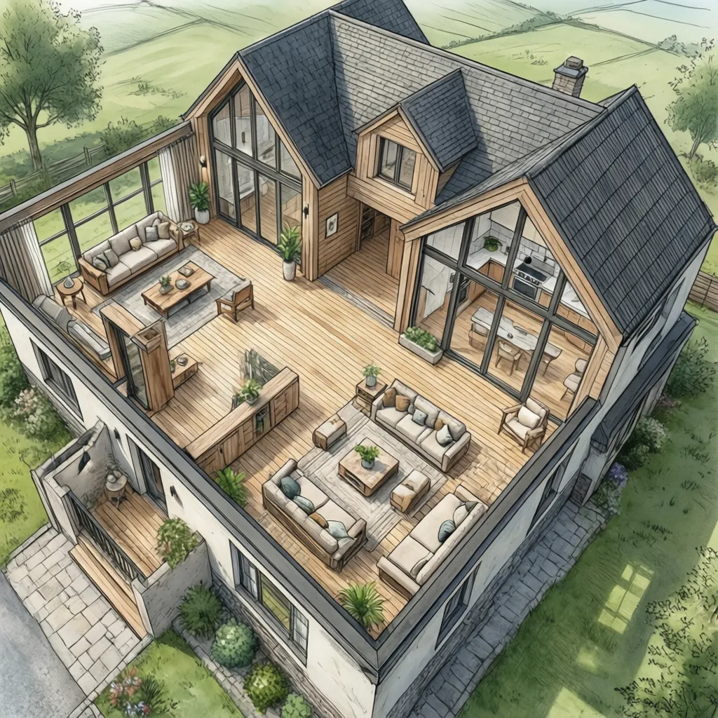 Plano arquitectónico de casa campestre moderna con espacios abiertos