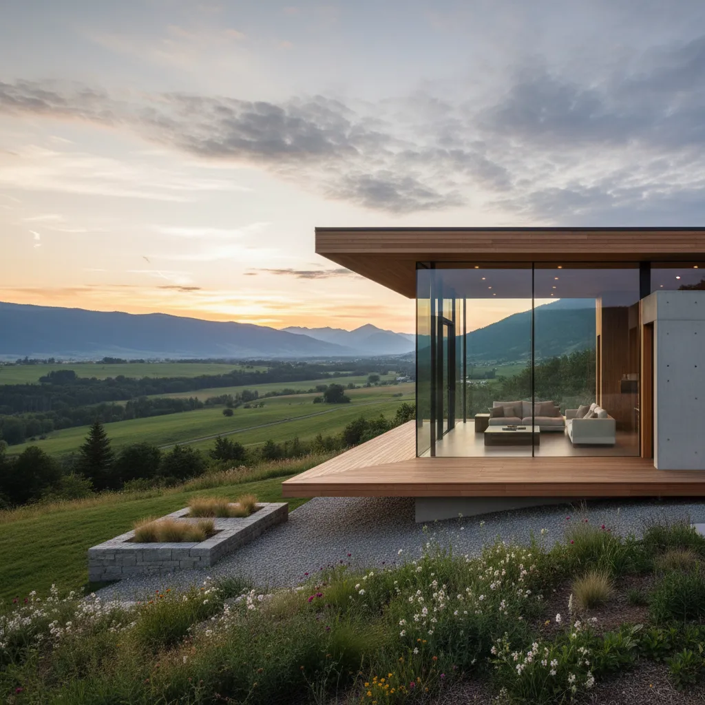 Casa moderna con grandes ventanales frente al paisaje natural
