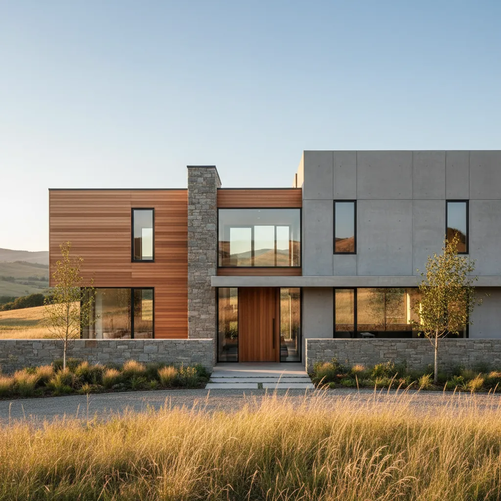 Fachada de casa campestre moderna con madera y piedra