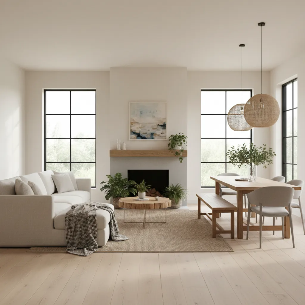 Modern open living room with white sofa, wooden coffee table, fireplace, and dining table chairs