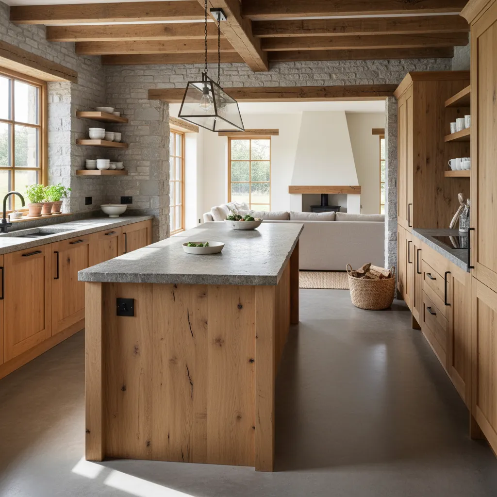 Cocina moderna con isla en casa de campo contemporánea