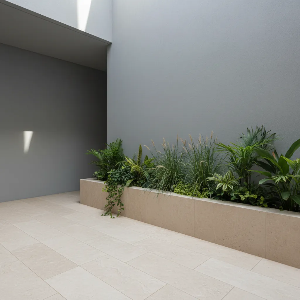 Detalle de materiales en patio interior moderno con piedra y plantas