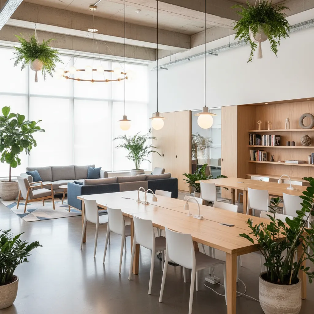 Modern coworking office with wooden tables white chairs gray sofa green plants and ceiling lights