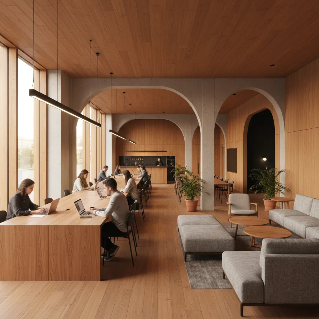 Espacio de coworking moderno diseñado para interacción y concentración