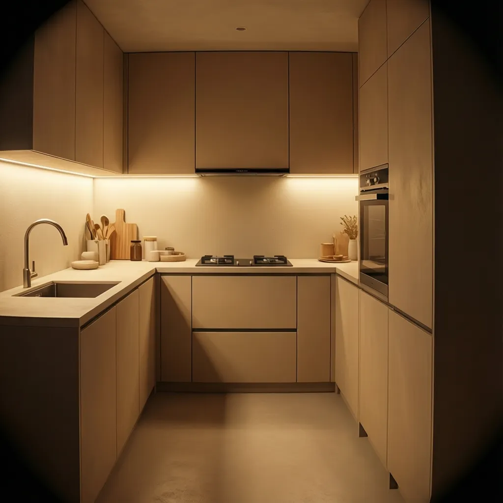 modern cozy kitchen with minimalist cabinets warm lighting and clean layout
