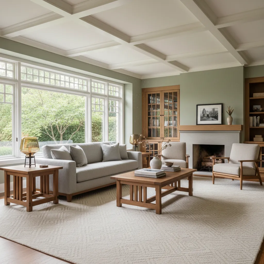 Living room with modern sage walls and craftsman wood furniture