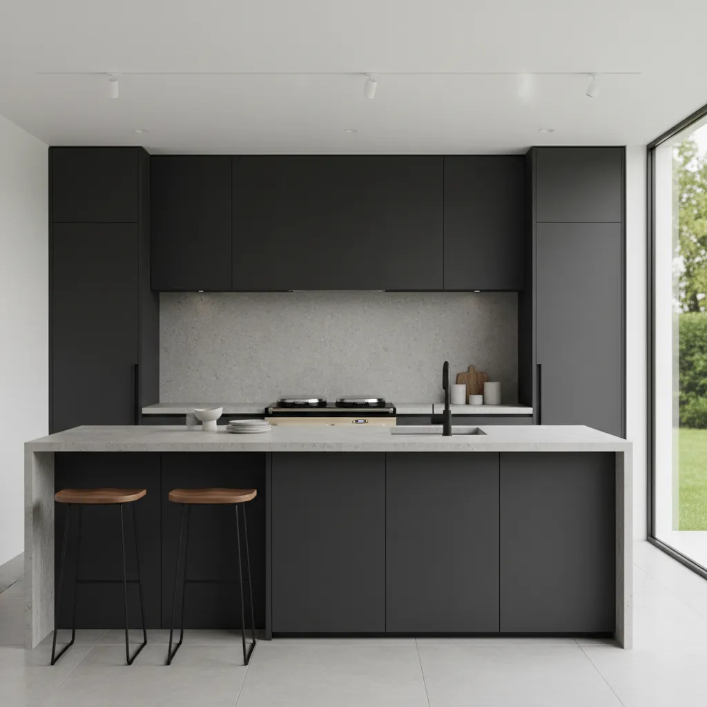 Modern minimalist kitchen with cream AGA cooker and dark cabinets