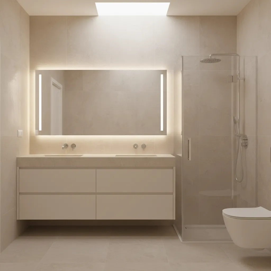 Modern cream bathroom with floating vanity and large mirror lighting