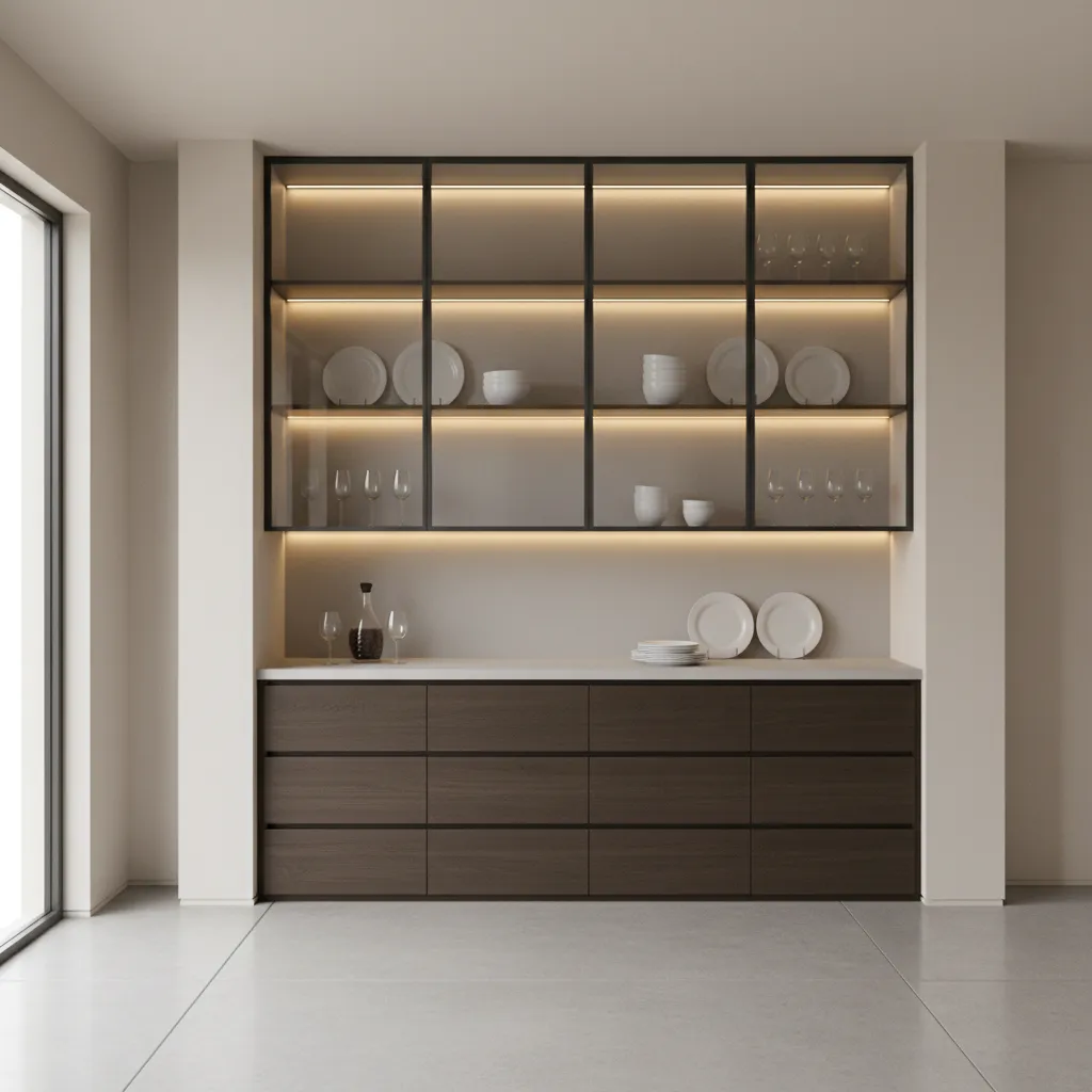 Modern crockery unit combining drawers cabinets and display shelves