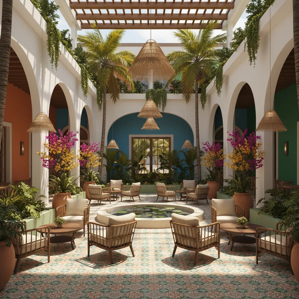 modern Cuban style hotel courtyard with colorful tiles plants and seating