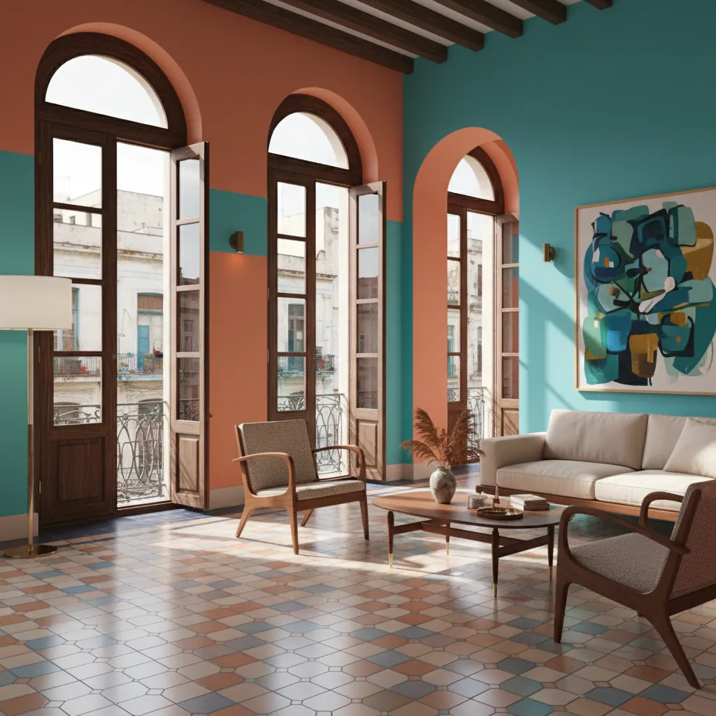 Modern Cuban living room with colorful walls and patterned cement tile floor