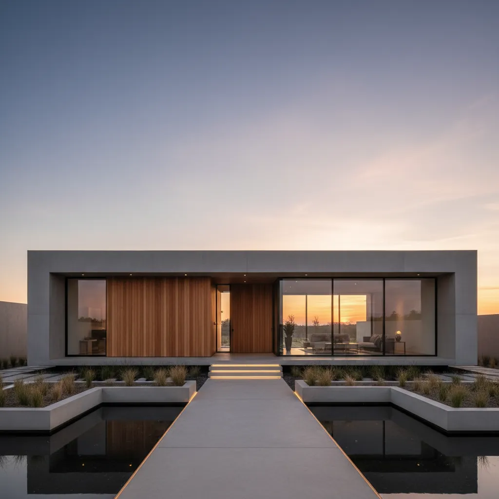 Fachada de casa cúbica moderna con líneas limpias y ventanales grandes