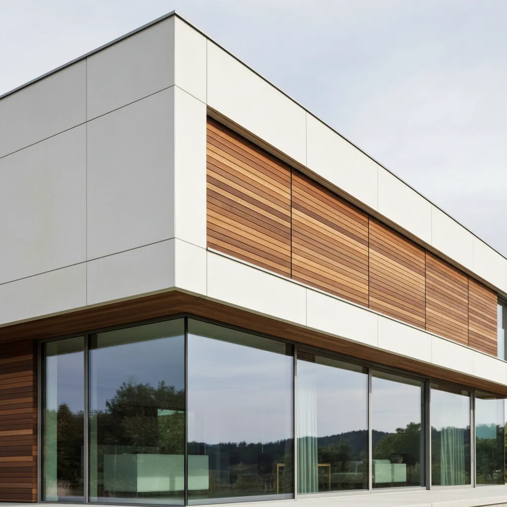 Fachada moderna con hormigón, madera y vidrio en casa cúbica