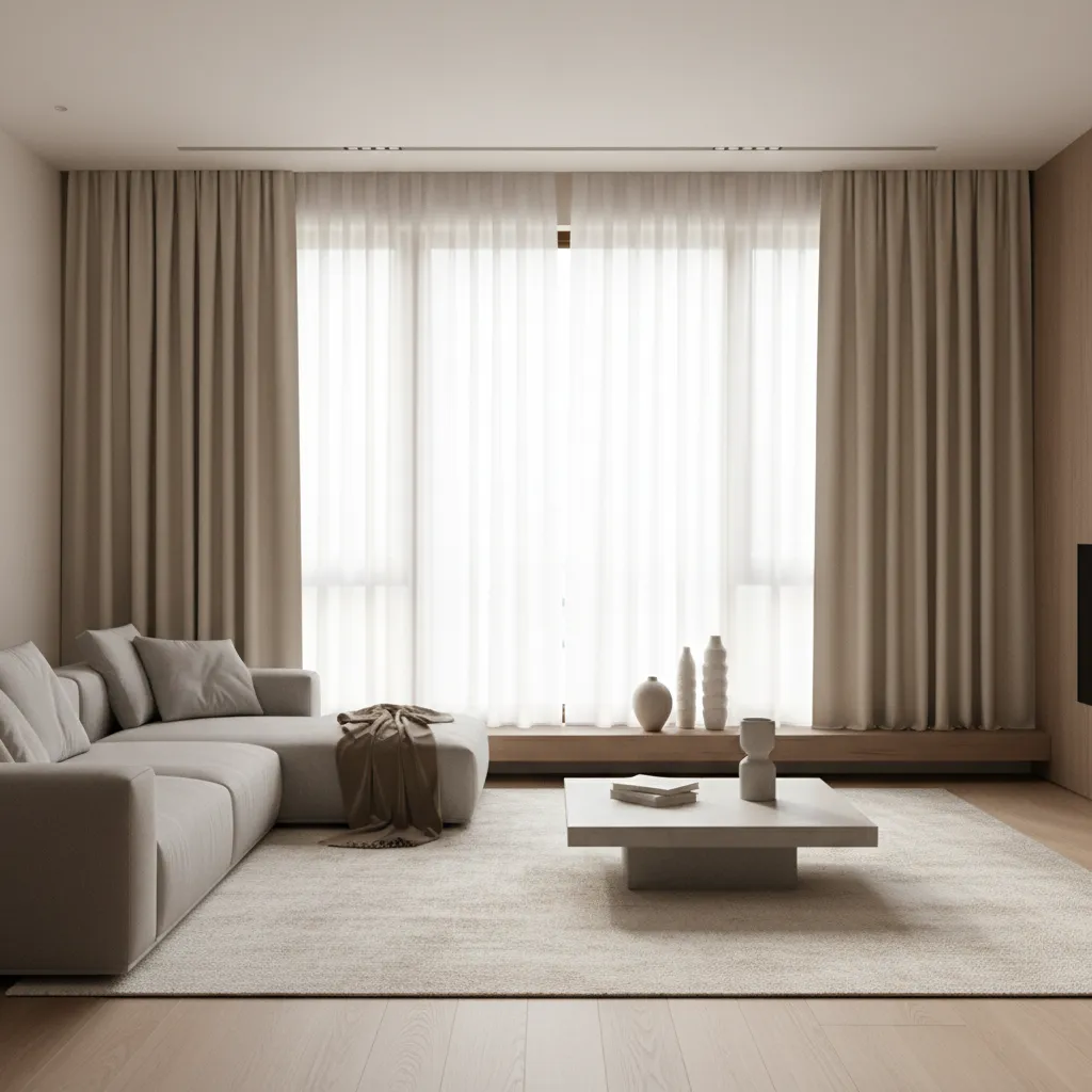 Layered sheer and blackout curtain system in modern living room